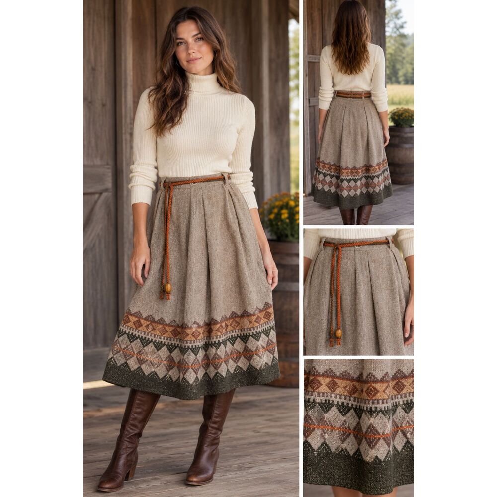 Vintage G.J. Forbes Wool Southwestern Pleated Midi Skirt L Belted Made USA